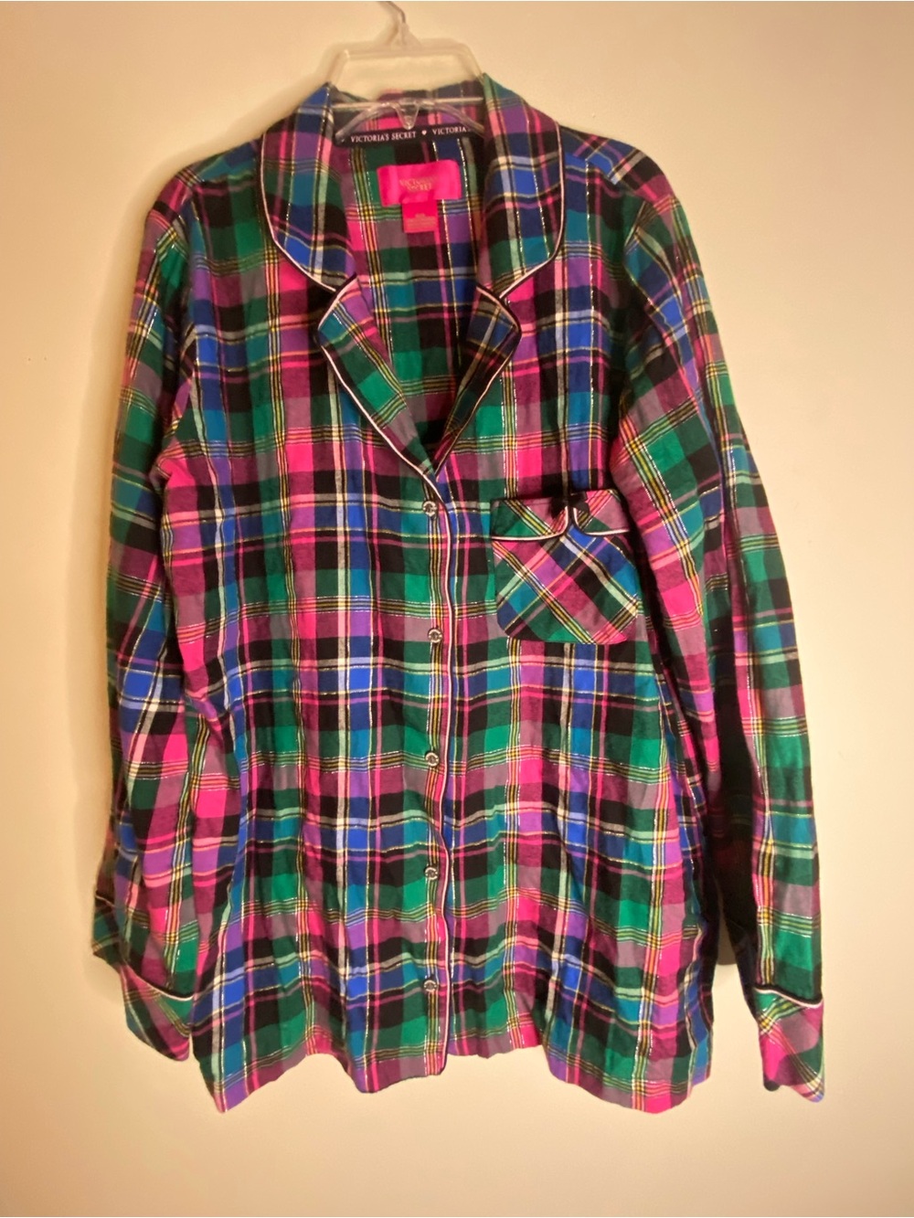 Victoria's Secret Plaid Button-Up PJ Jacket in Vibrant Pink, Green & Blue